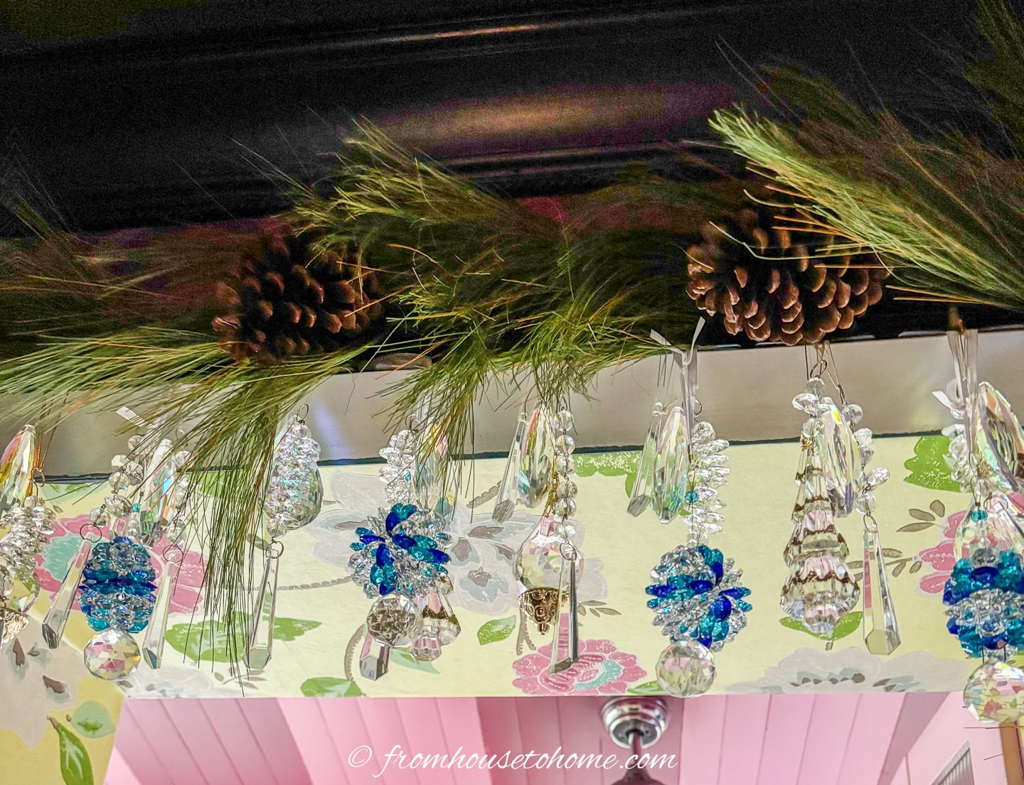 Close up of crystal ornaments hung over a doorway
