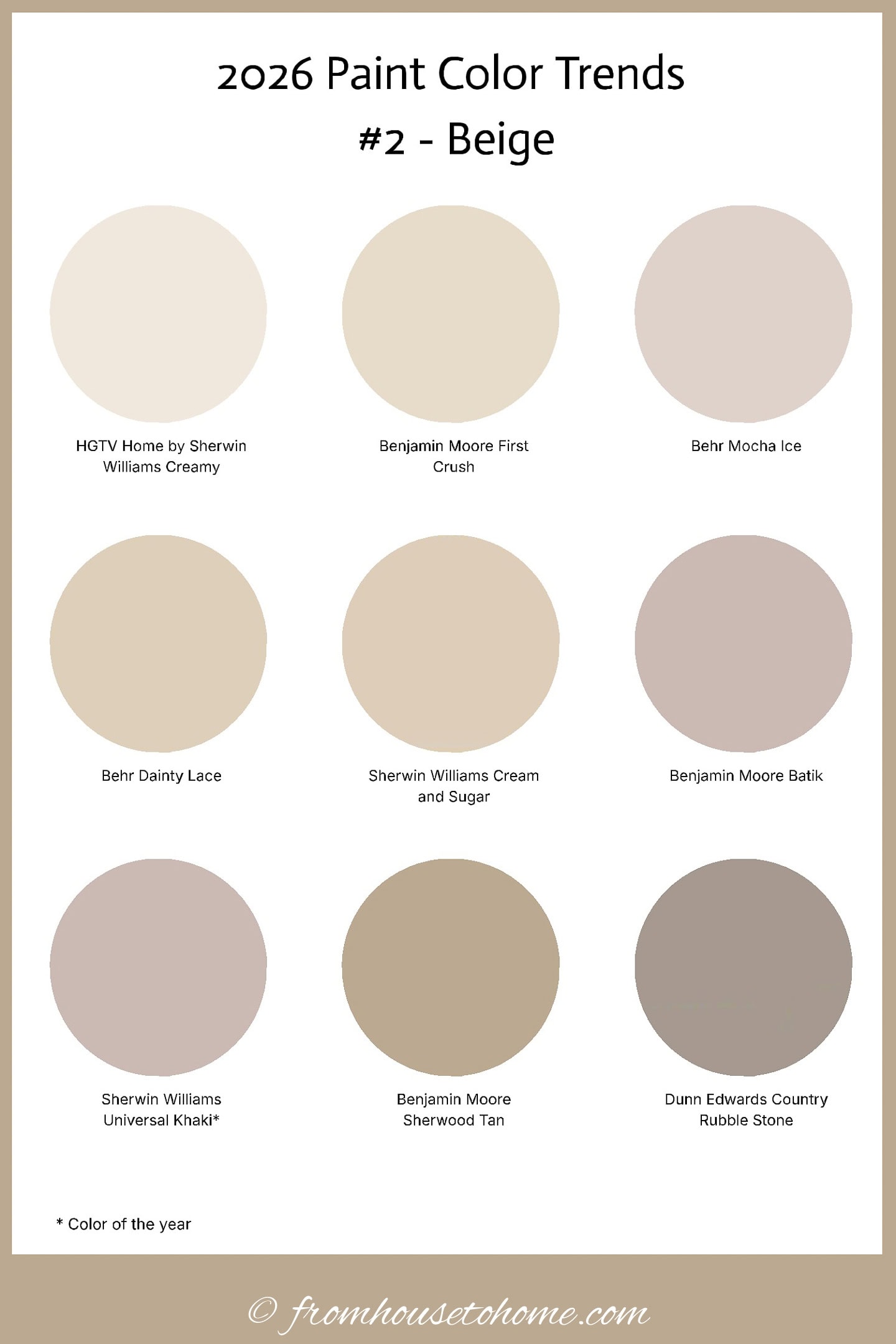 A collage of white paint color chips with the text "2026 Paint Color Trends #2 - Beige" written at the top