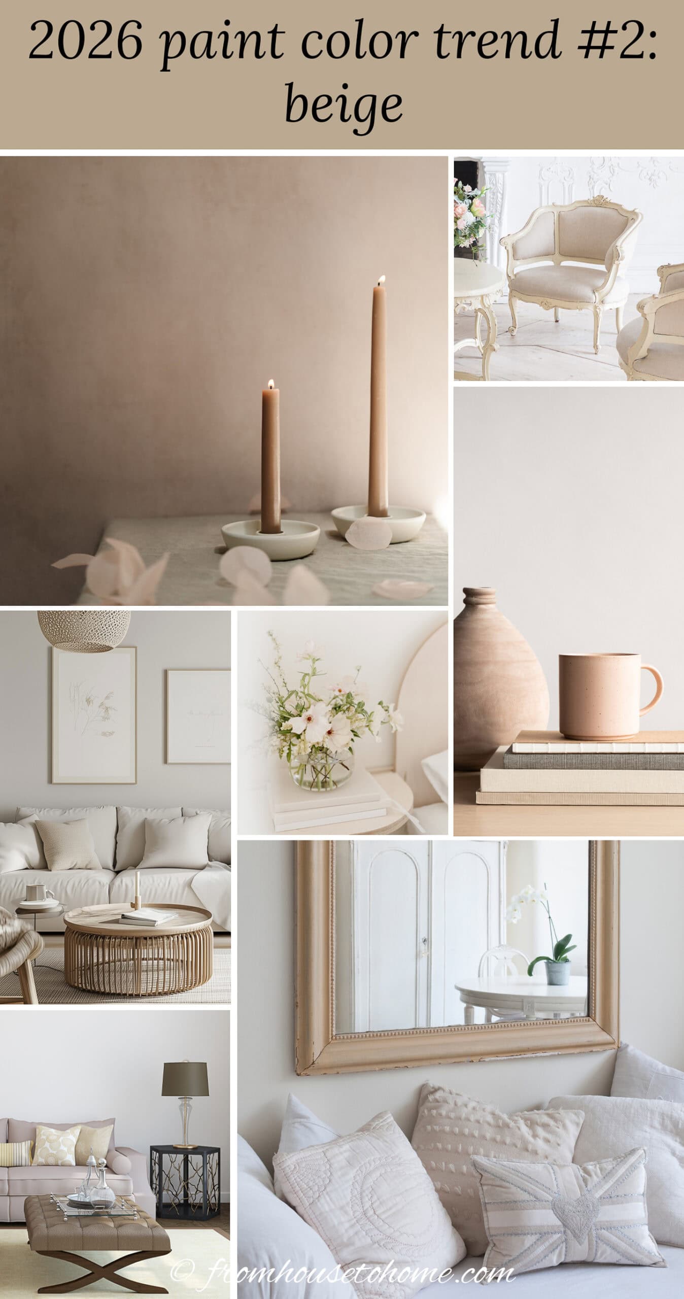 A collage of beige rooms, furniture and accessories with the text "2026 paint color trend #2: beige" written at the top