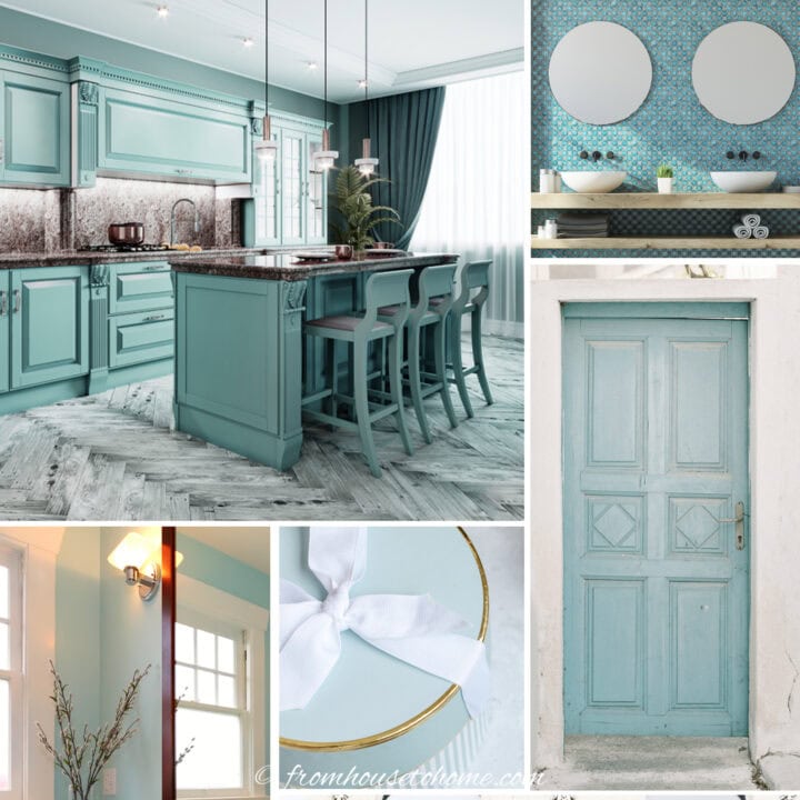 A collage of blue green rooms, furniture and accessories demonstrating 2026 paint color trends.