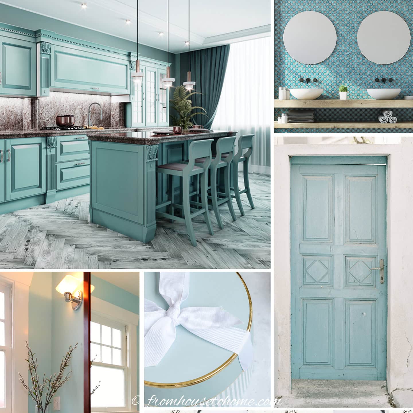 A collage of blue green rooms, furniture and accessories demonstrating 2026 paint color trends.