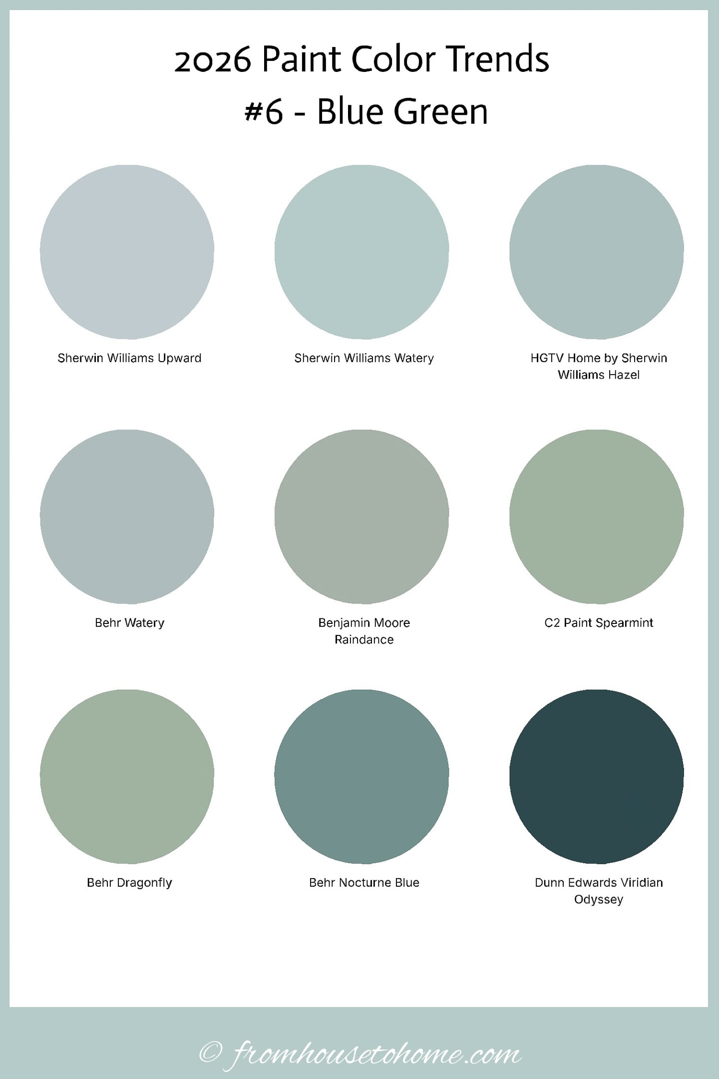 A collage of white paint color chips with the text "2026 Paint Color Trends #6 - Blue Green" written at the top
