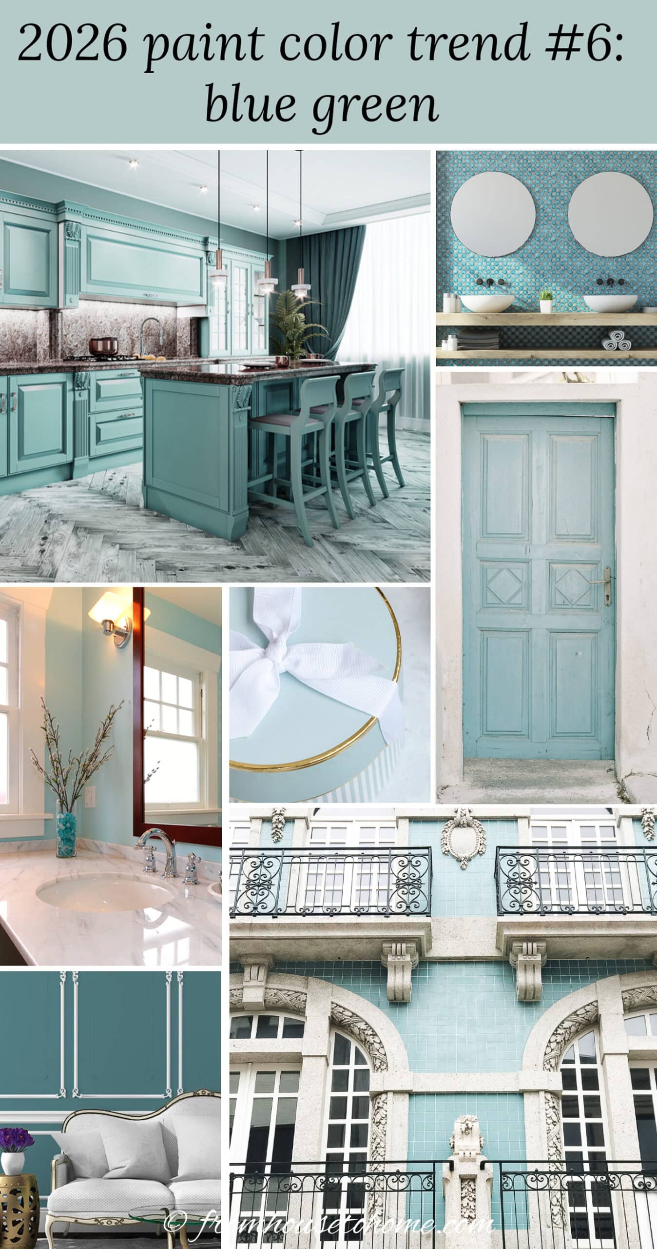 A collage of blue green rooms, furniture and accessories with the text "2026 paint color trend #6: blue green" written at the top