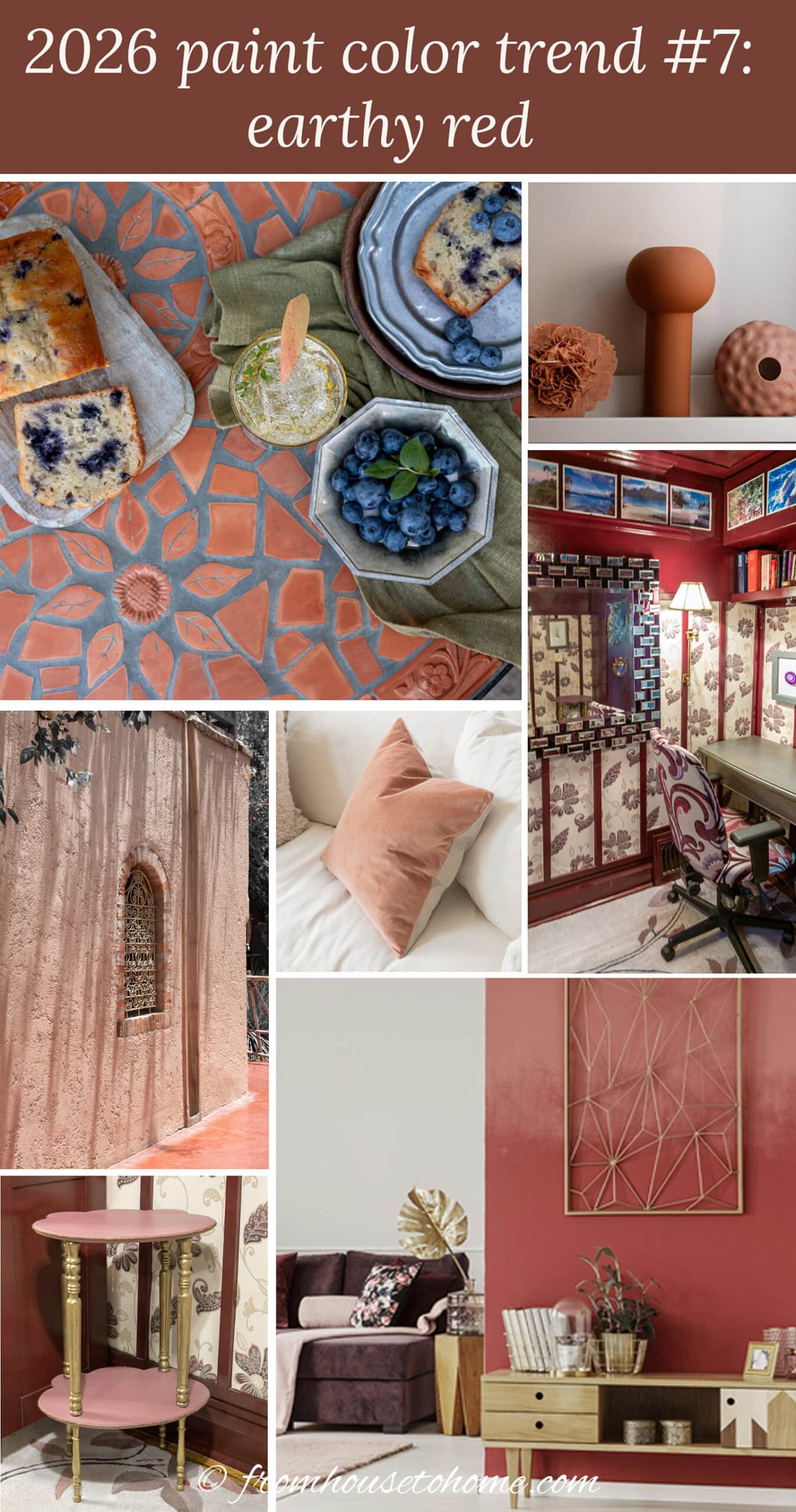 A collage of earthy red rooms, furniture and accessories with the text "2026 paint color trend #7: earthy red" written at the top
