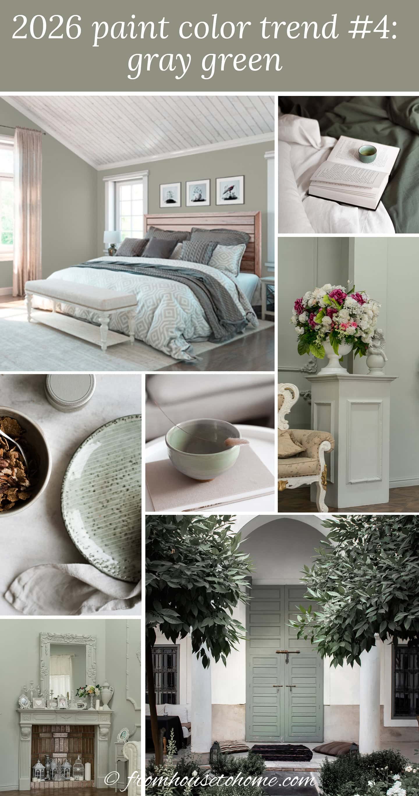A collage of gray green rooms, furniture and accessories with the text "2026 paint color trend #4: gray green" written at the top