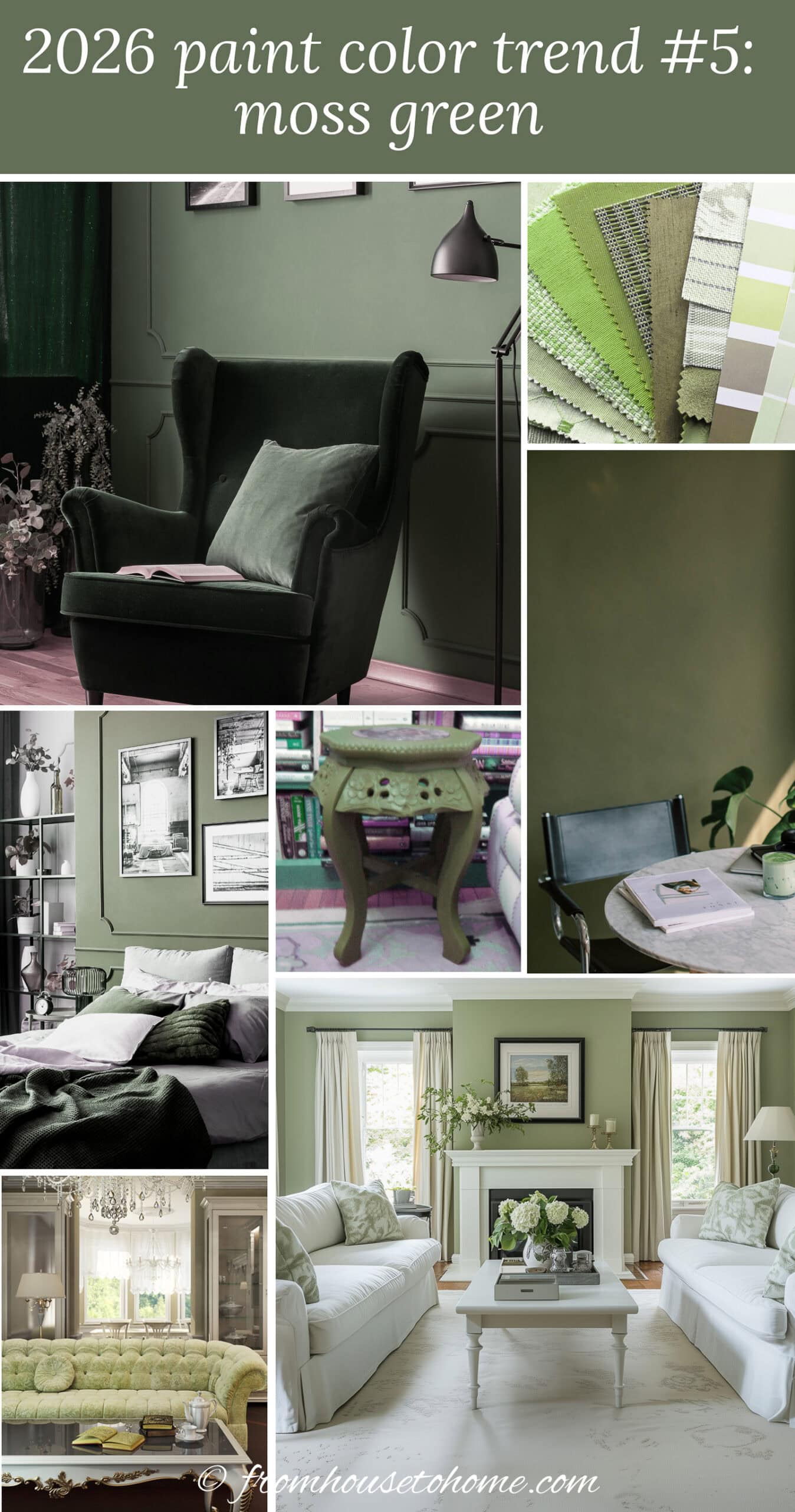 A collage of moss green rooms, furniture and accessories with the text "2026 paint color trend #5: moss green" written at the top