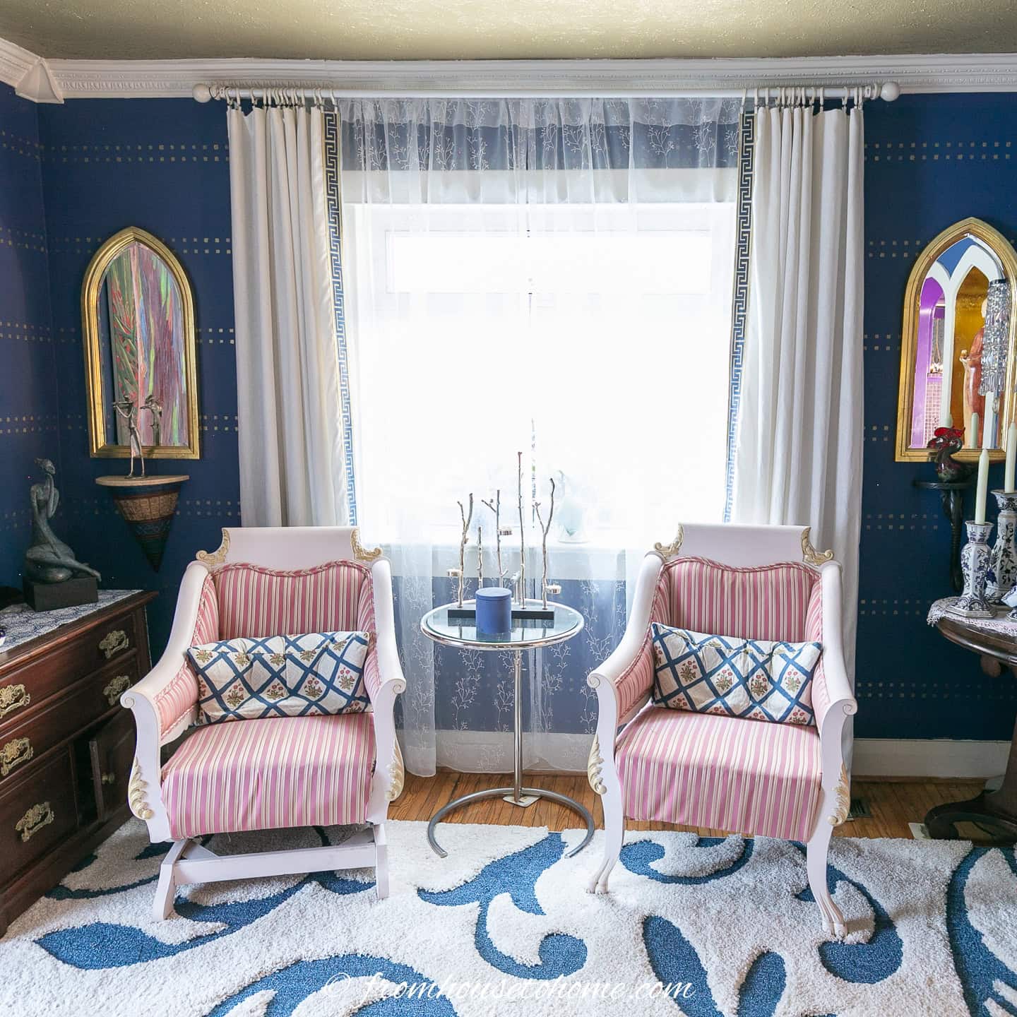 old chairs that have been painted white with gold trim