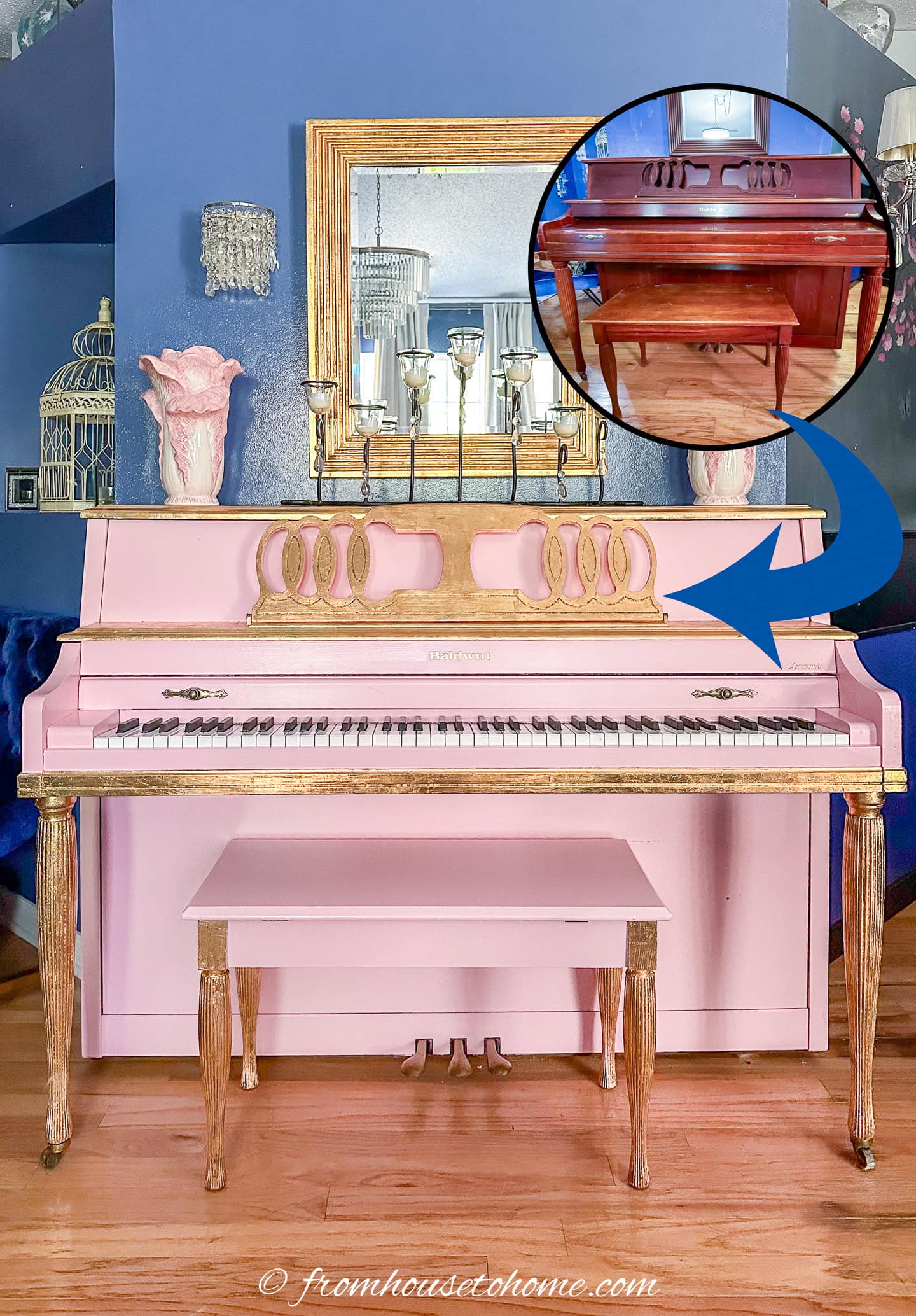 before and after of a piano that has been painted pink