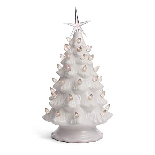 Milltown Merchants Ceramic Christmas Tree – Tabletop Tree with Lights – (11.5 inch Medium White Christmas Tree/White Lights) – Lighted Vintage Ceramic Tree