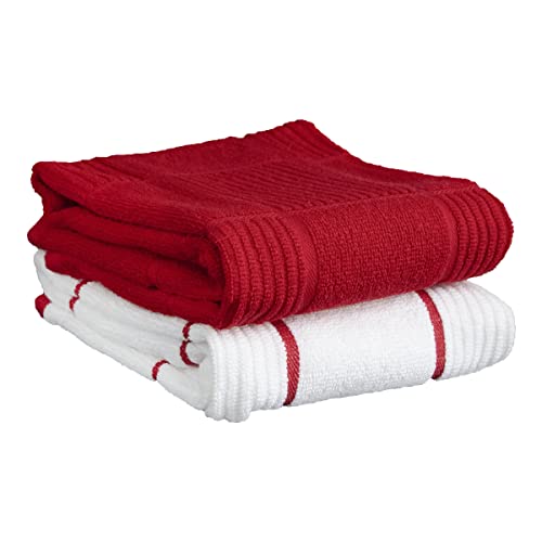 T-Fal Solid & Checked Parquet Kitchen Towels: Highly Absorbent, Super Soft Long Lasting – 100% Cotton, 16″x26″ Dish Towels for Cleaning & Drying Dishes, Pans, Glassware, or Countertops, (2-Pack), Red