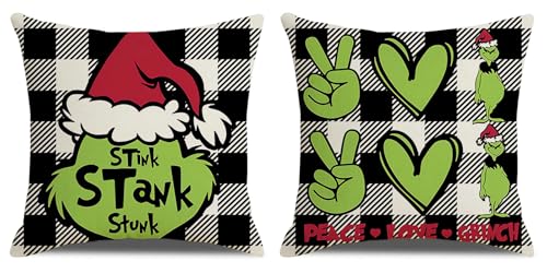 TyCan Set of 2 Christmas Decorative Throw Pillow Covers, Buffalo Plaid Stink Stank Stunk Cushion Covers for Winter Christmas Holiday Home Decoration, 18×18 Inches