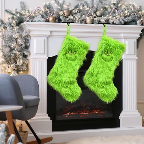 NIGHT-GRING Christmas Stockings, 2 Pack 20” Large Xmas Stockings Faux Fur Fabric Family Pack Stockings for Xmas Holiday Family Party Decorations