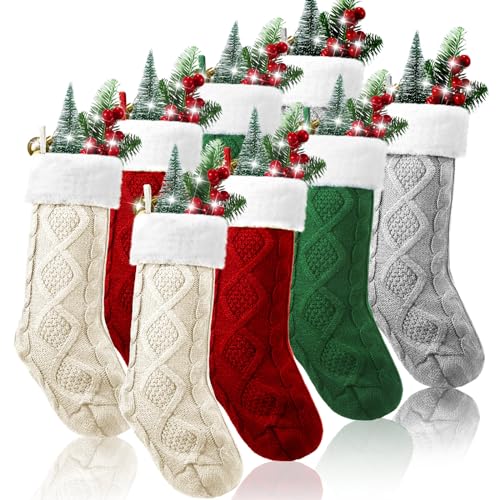 Shinymoon 8 Pack Christmas Stockings 18 Inches Large Knitted Stocking Double Sided Fireplace Hanging Stockings Holiday Party Decorations Xmas Tree, Green, Ivory, Gray, Wine Red