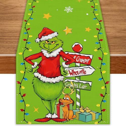 Green Christmas Table Runner Merry Christmas Tablecloth Xmas Winter Holiday Home Kitchen Dining Room Table Decorations 13×72 Inch