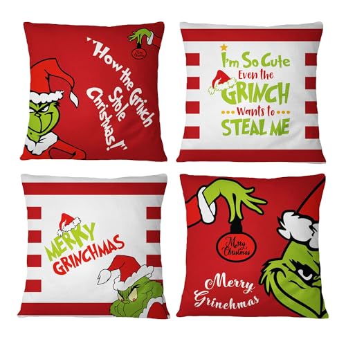 SUNWISHA Christmas Pillow Covers 18×18 Set of 4 – Red Xmas Decorations for Farmhouse Party – Patterned Cushion Cases for Winter Holiday Indoor Decor – Ideal Gift for The Holidays