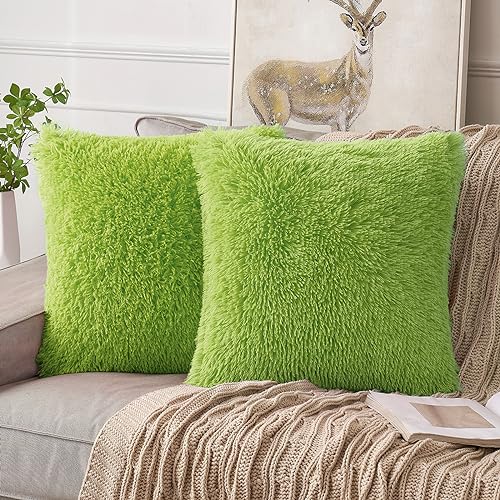 ANRODUO Pack of 2 Grinch Green Throw Pillow Covers Luxury Fluffy Pillows Faux Fur Decorative Pillows Plush Cushion Case Fuzzy Mongolian Merin Style for Bed Couch Living Room Spring Decor 18×18 Inch