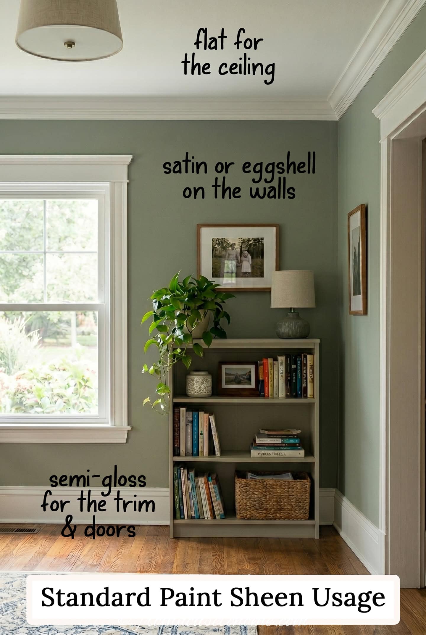 A room corner with a green wall, bookshelf, and window, labeled to show flat paint for ceiling, satin or eggshell for walls, and semi-gloss for trim and doors.