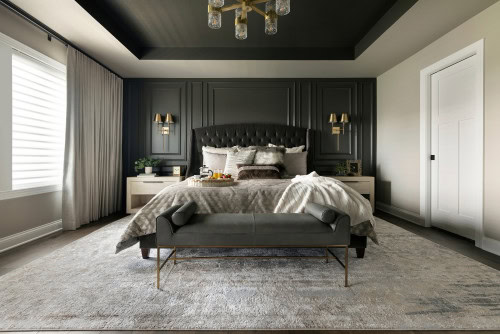tray ceiling in a dark bedroom