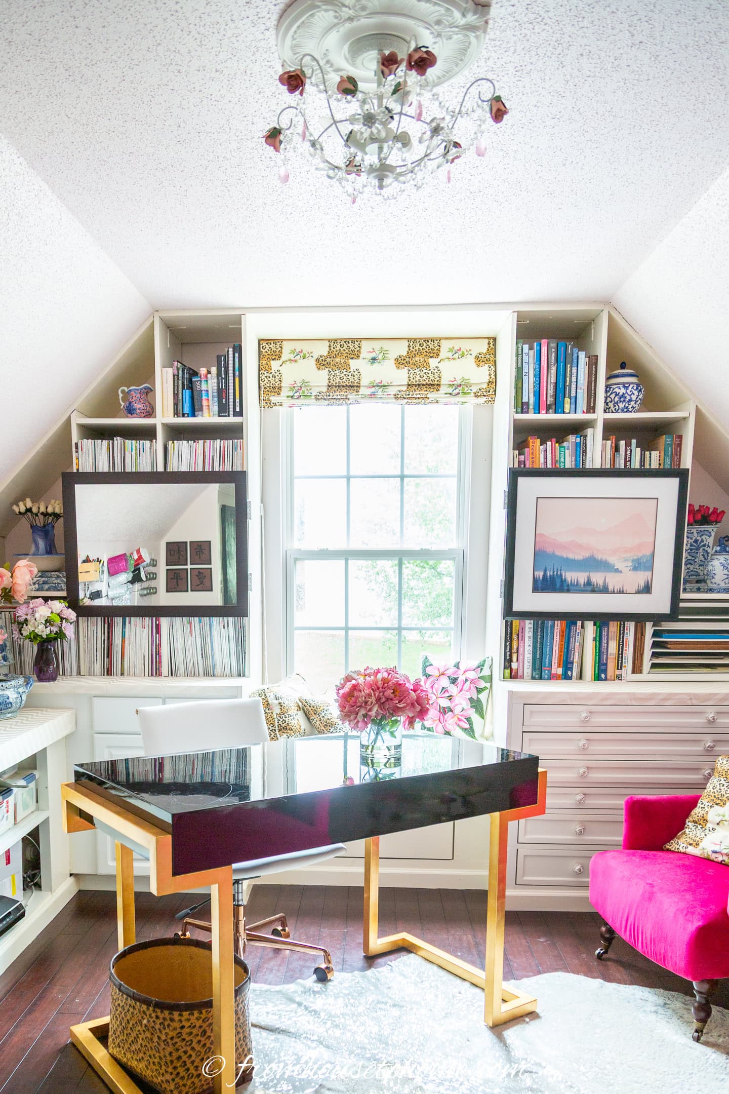 A semi-flush mount light fixture in a bonus room office with 8-foot ceilings