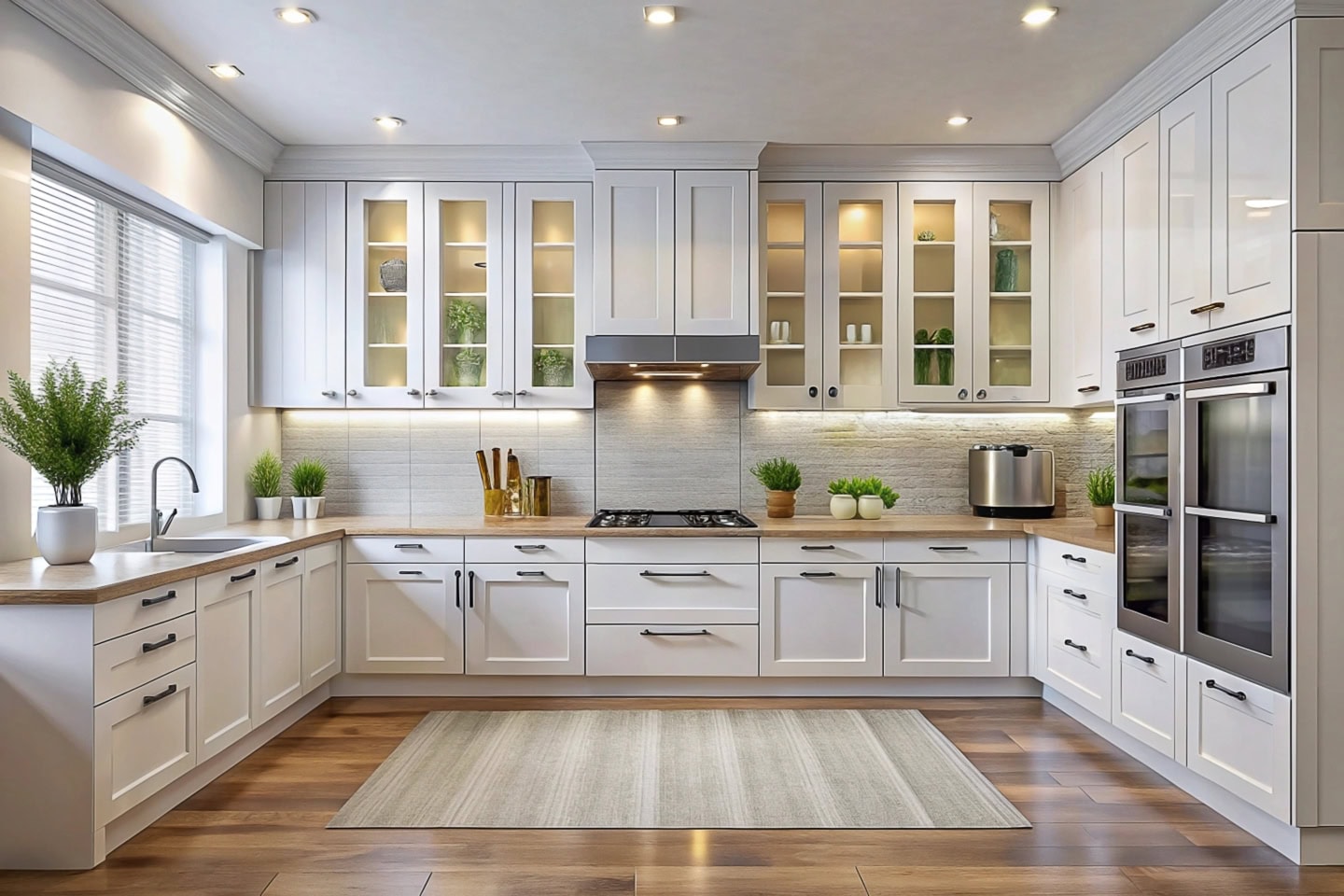 Modern white kitchen with hardwood floors, glass cabinets, stainless steel appliances and recessed lights