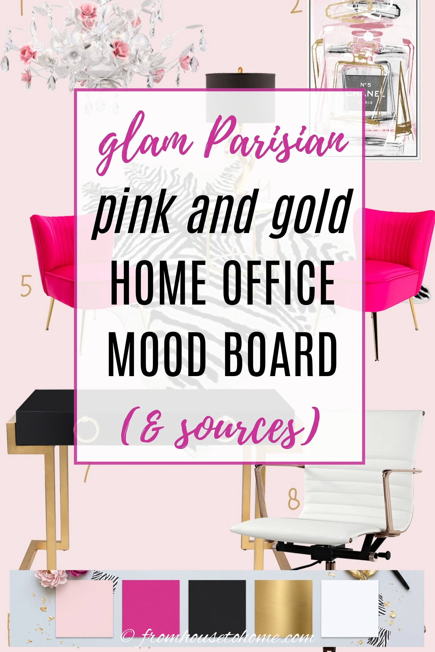 glam Parisian pink and gold home office mood board