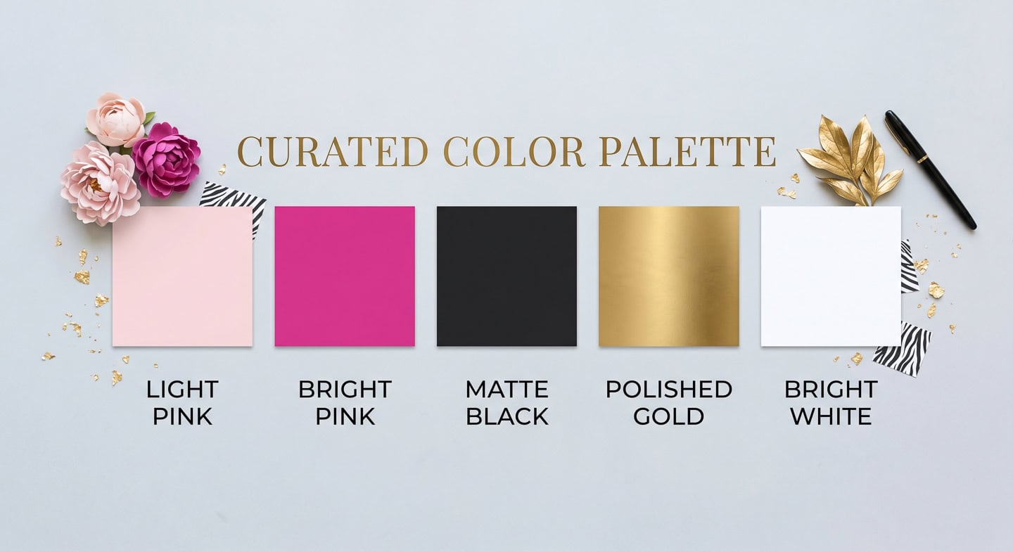 the Parisian glam home office color palette - light pink, bright pink, black, gold and white