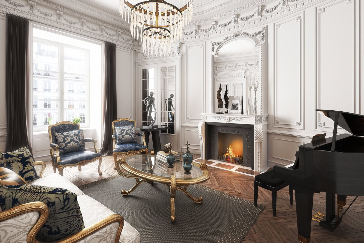 Elegant living room with ornate white walls, a chandelier, fireplace, grand piano, classic armchairs, glass coffee table, and large window with city view.