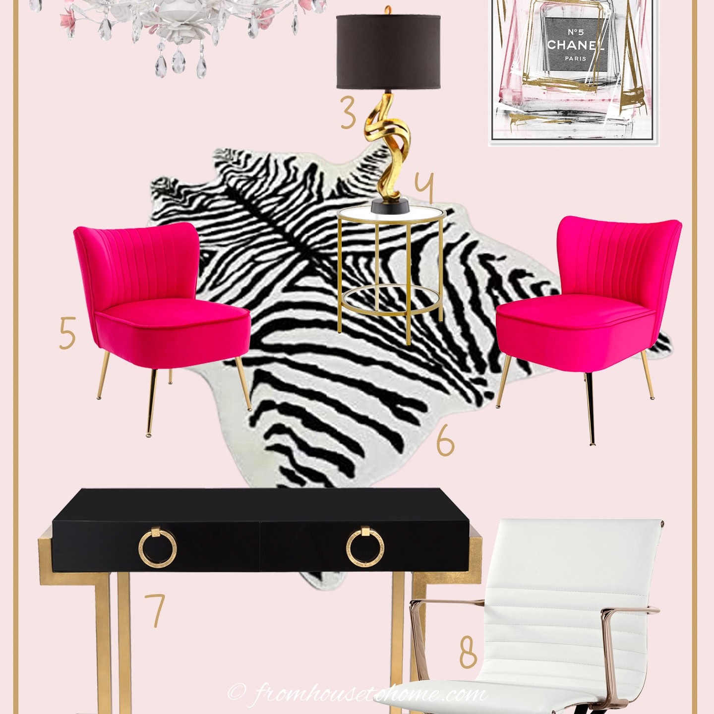a glam pink mood office moodboard with a white and pink ceiling fixture, zebra cowhide rug, 2 bright pink velvet chairs, a black and gold desk, and white and gold desk chair