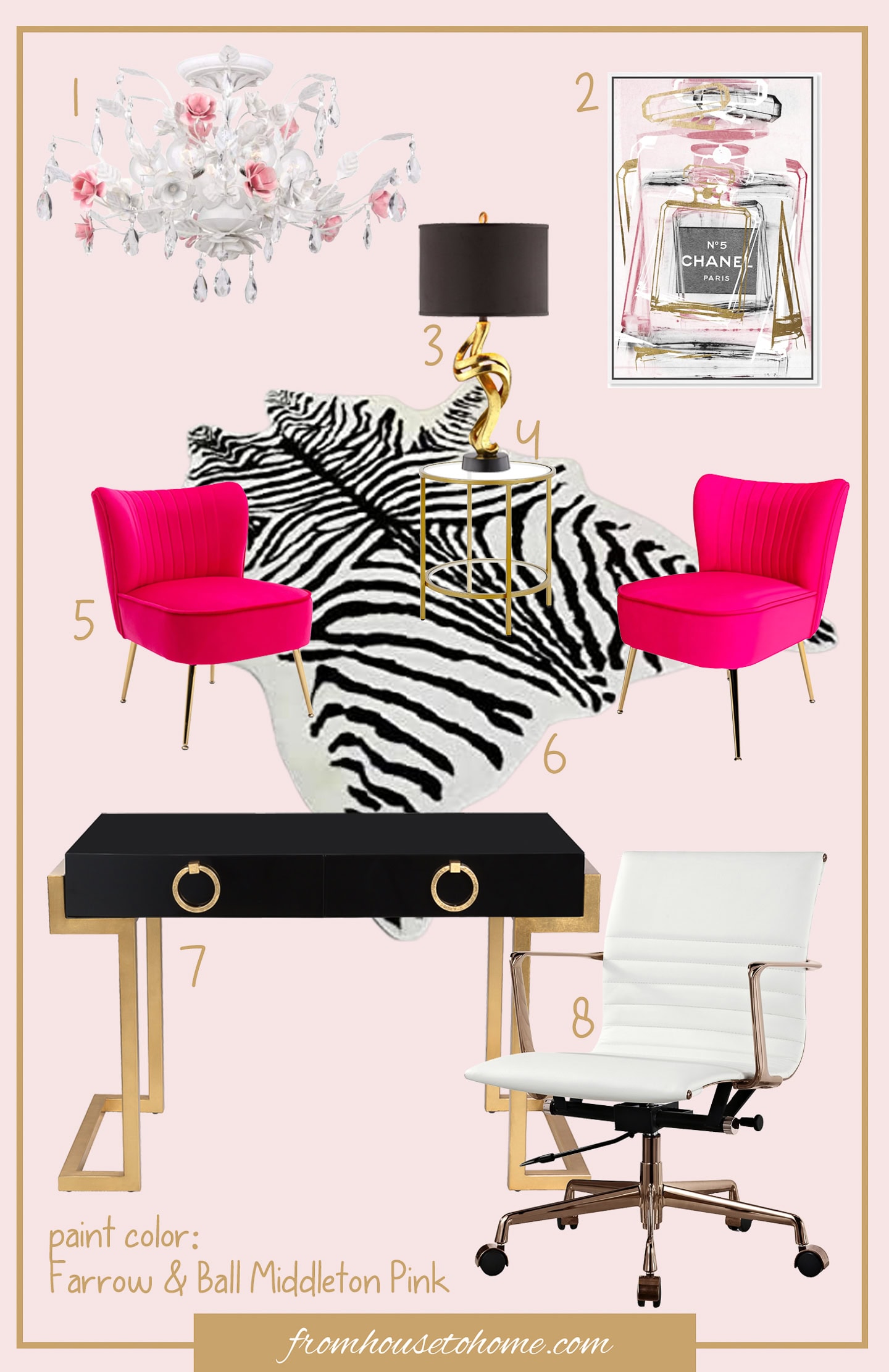 a glam pink mood office moodboard with a white and pink ceiling fixture, zebra cowhide rug, 2 bright pink velvet chairs, a black and gold desk, and white and gold desk chair