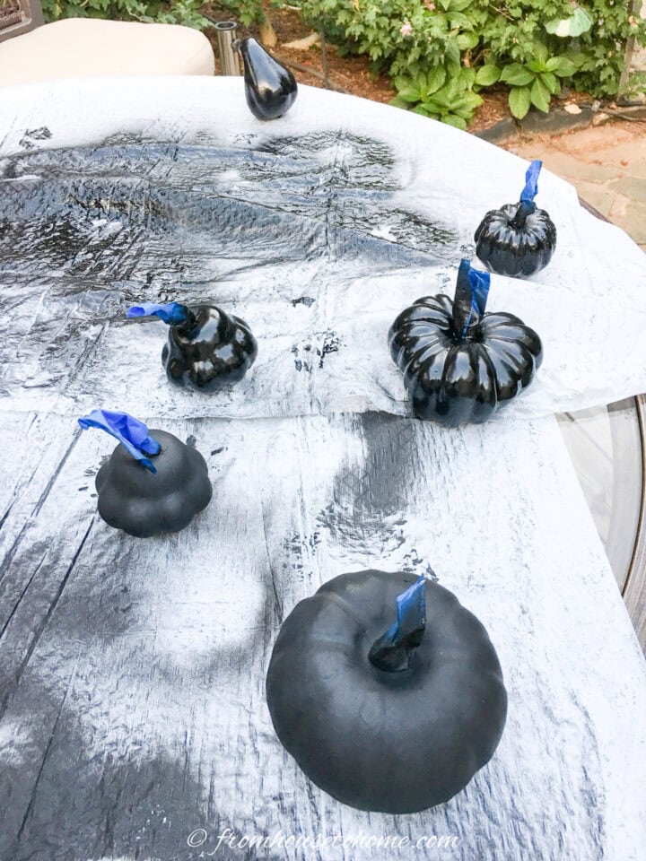 A group of black spray painted faux pumpkins on a garbage bag