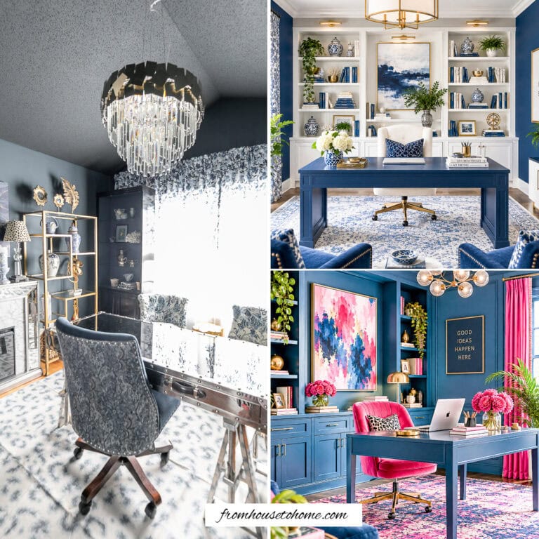 A collage of 3 blue home offices