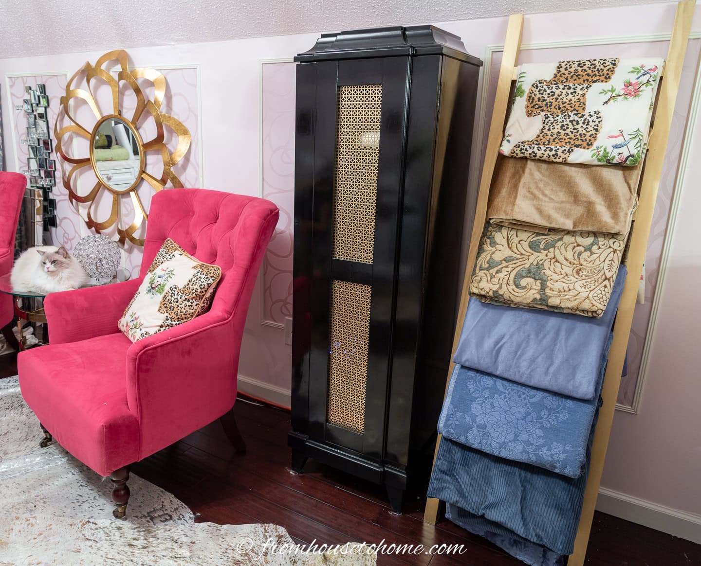 The DIY blanket storage ladder in a home office