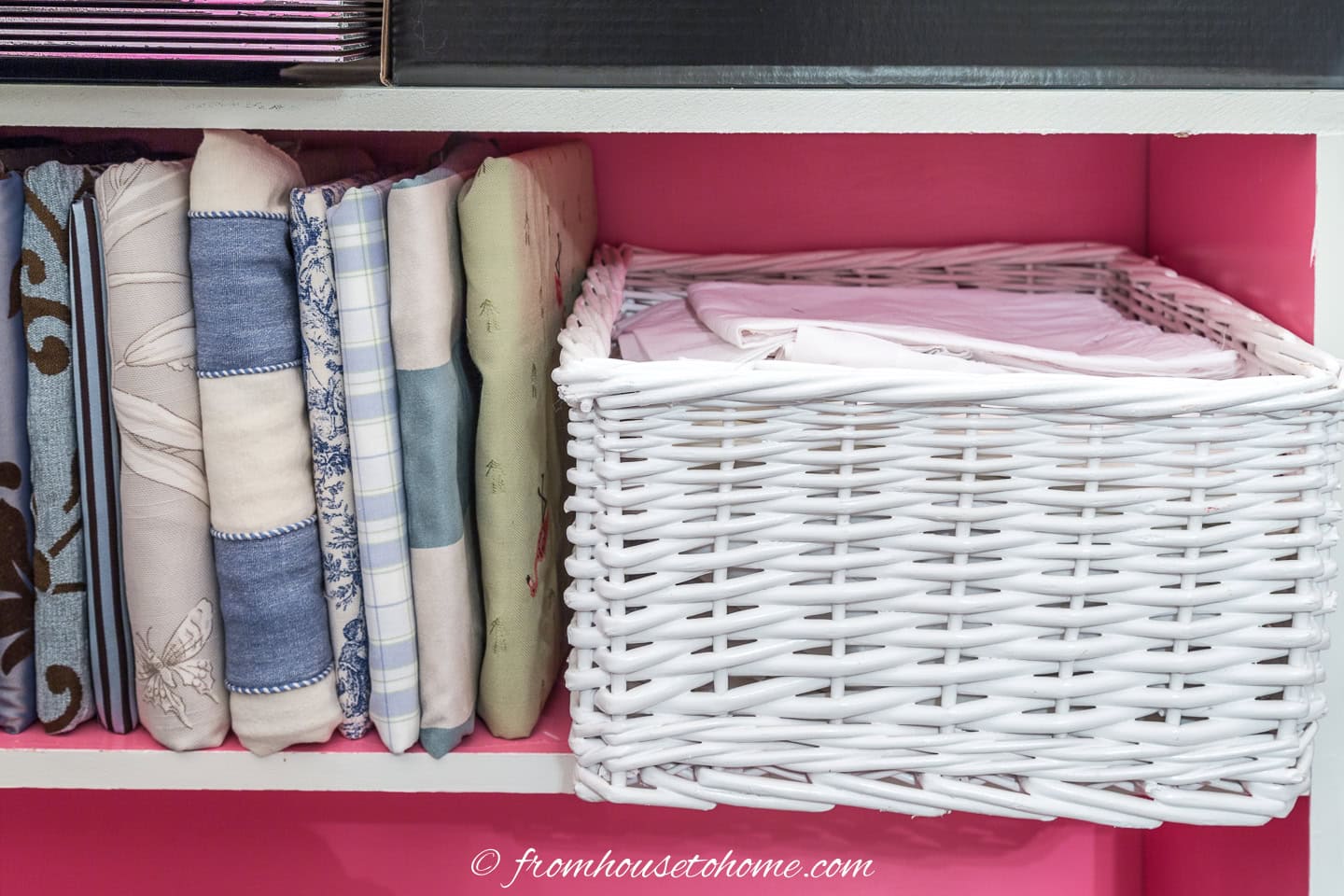 The basket of lining fits perfectly on the shelf beside the wrapped fabric