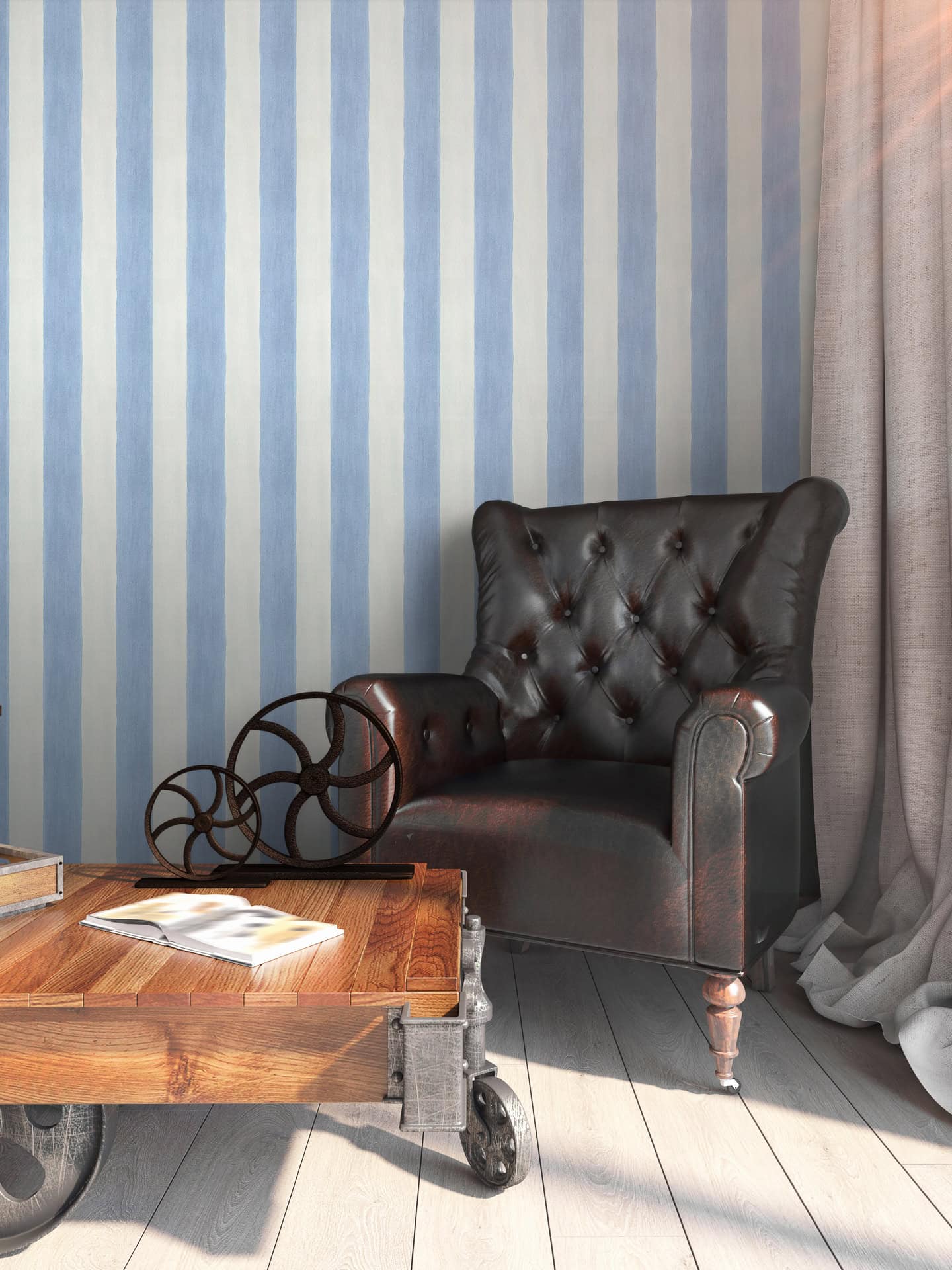 A large leather chair and wood coffee table in front of a blue and white striped accent wall