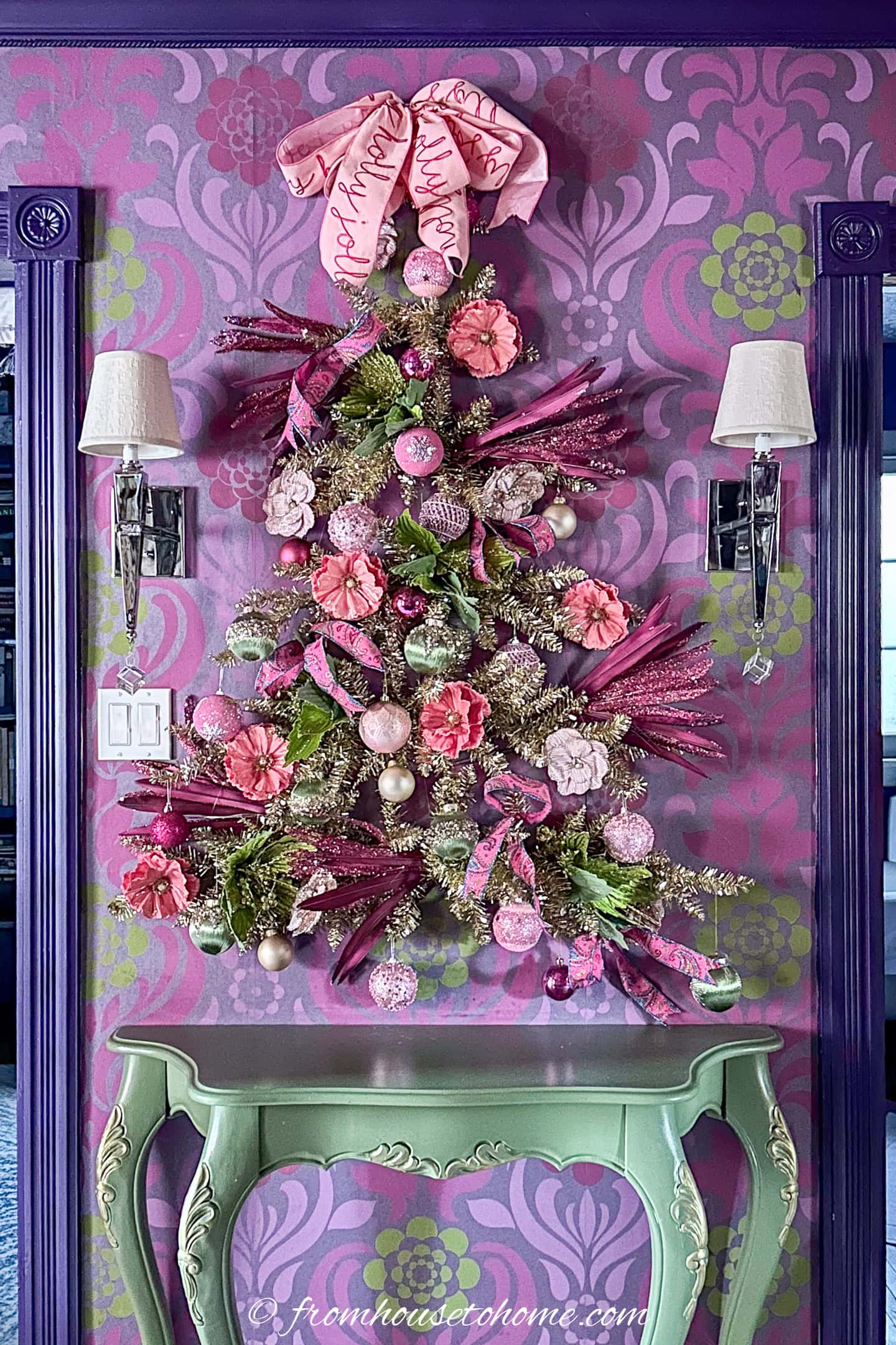hot pink, green and gold wall christmas tree