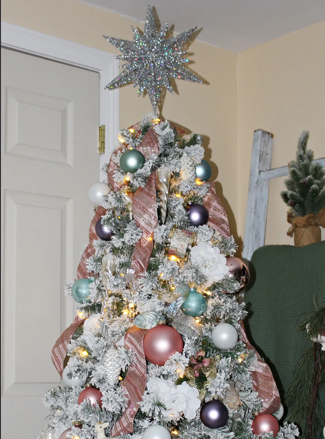 pastel christmas tree with pink ribbon