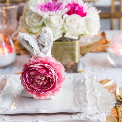 pink and white easter tablescape place setting