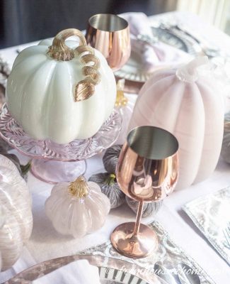 fall tablescape with white and pink pumpkins