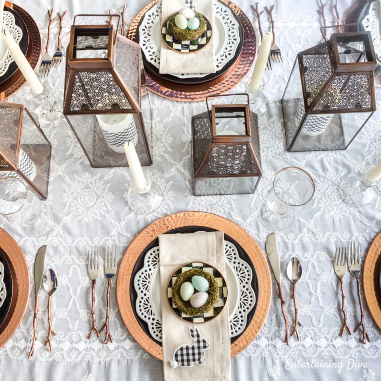 Copper, Black and White Easter Table Setting