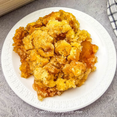Close up of easy apple cobbler on a white plate