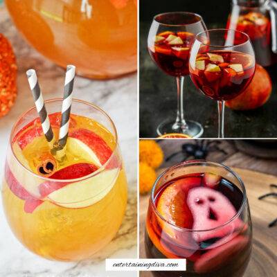 A collage of pictures illustrating fall sangria recipes